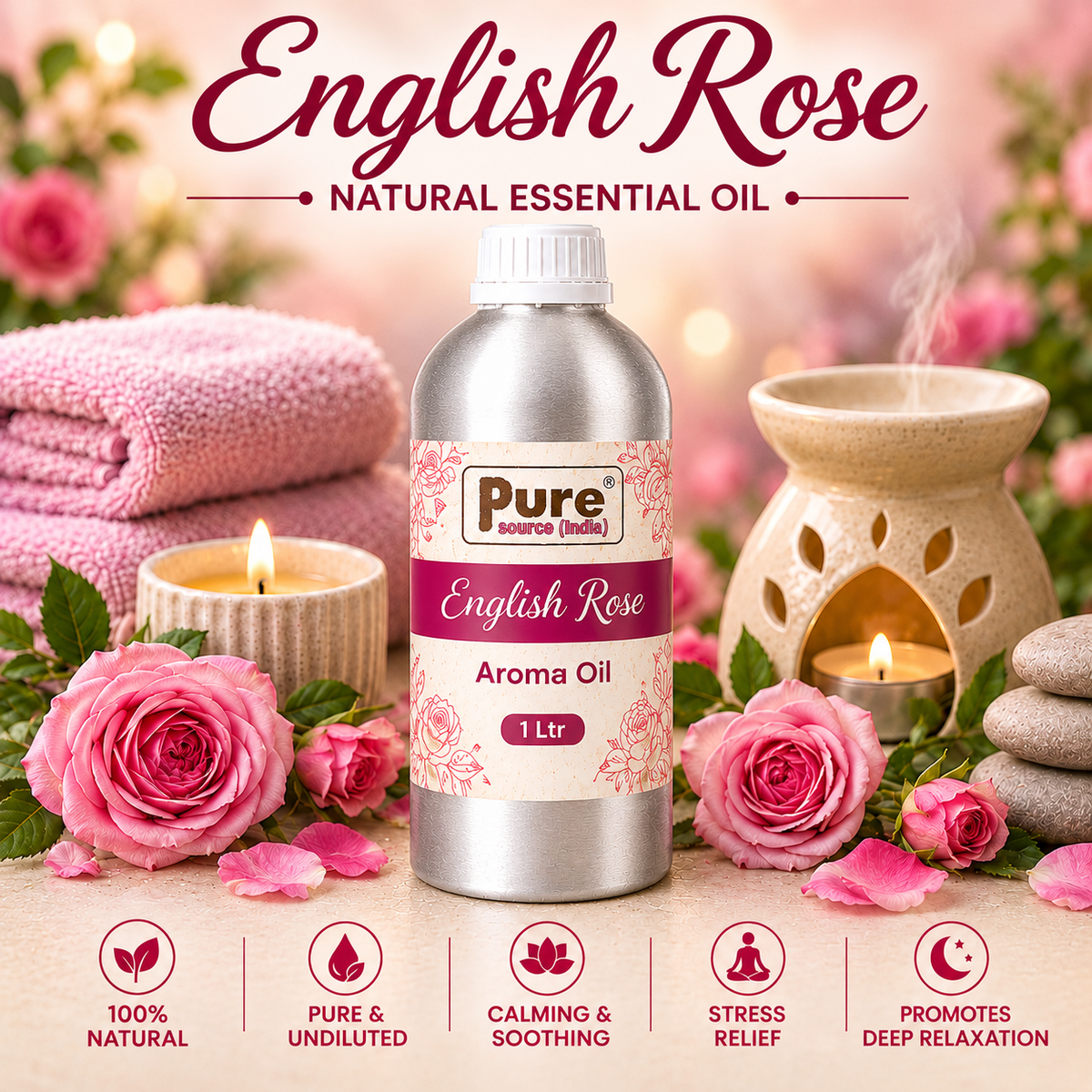 Pure Source India English Rose Aroma Oil | Premium Fragrance Oil for Diffuser, Aromatherapy, Meditation, Candles, Soap Making, Humidifier & Home Air Freshener