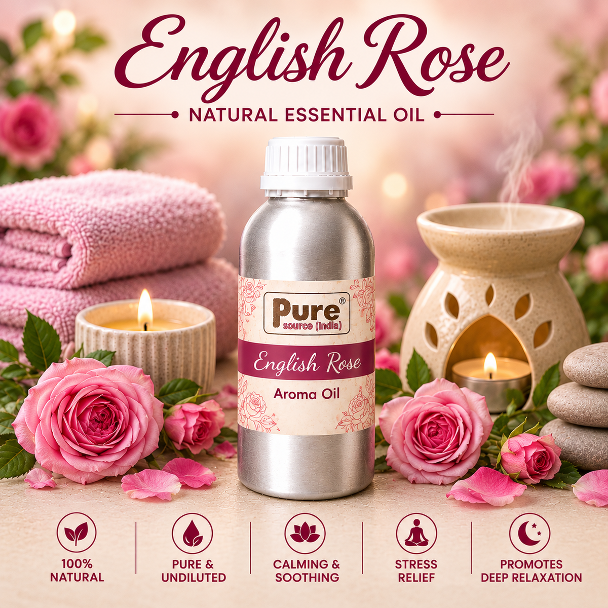 Pure Source India English Rose Aroma Oil | Premium Fragrance Oil for Diffuser, Aromatherapy, Meditation, Candles, Soap Making, Humidifier & Home Air Freshener