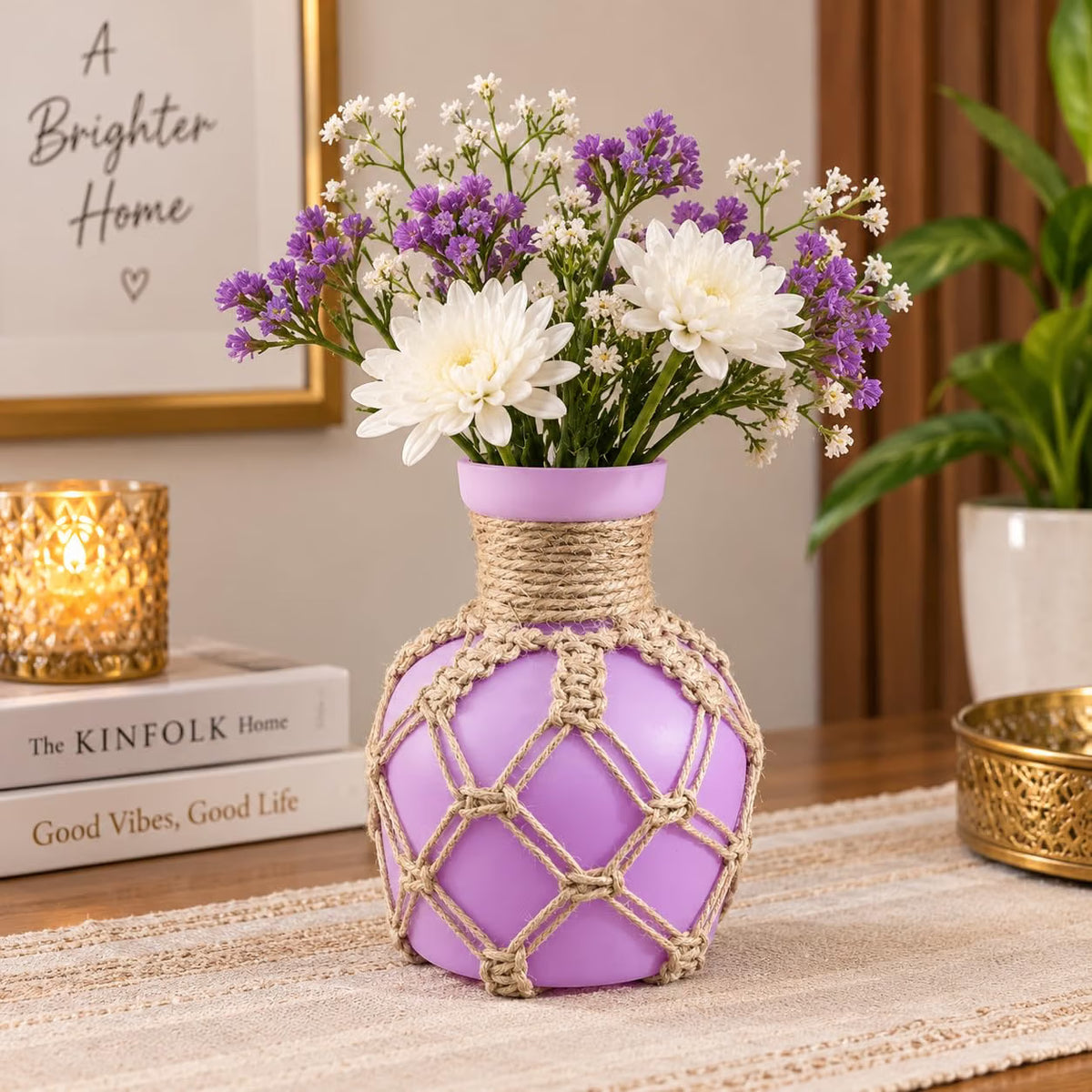 Pure Source India Decorative Purple Flower Vase with Macramé Rope Design | Tabletop Home Décor Vase for Living Room, Dining Table & Office