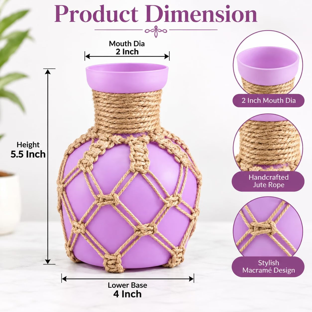 Pure Source India Decorative Purple Flower Vase with Macramé Rope Design | Tabletop Home Décor Vase for Living Room, Dining Table & Office