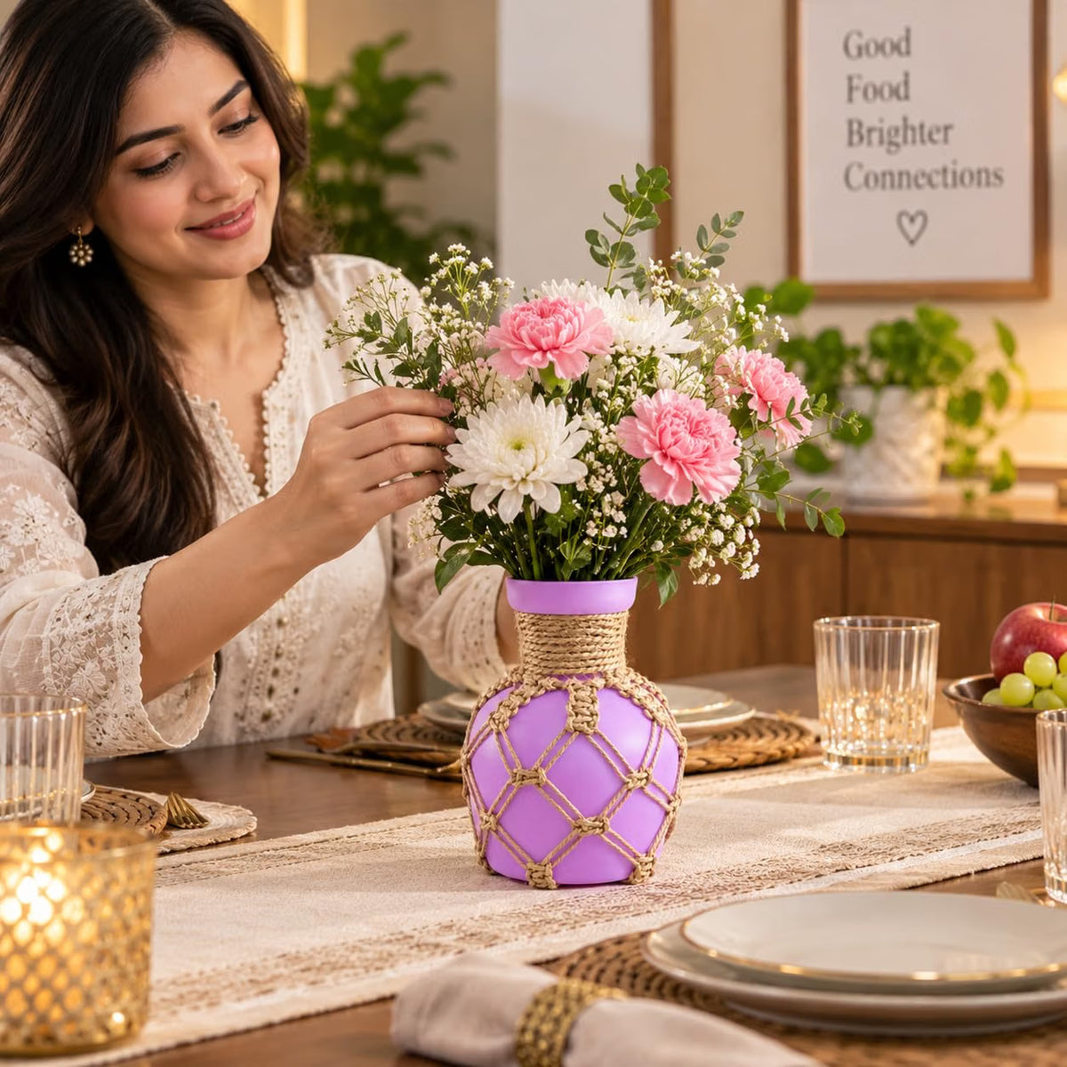Pure Source India Decorative Purple Flower Vase with Macramé Rope Design | Tabletop Home Décor Vase for Living Room, Dining Table & Office