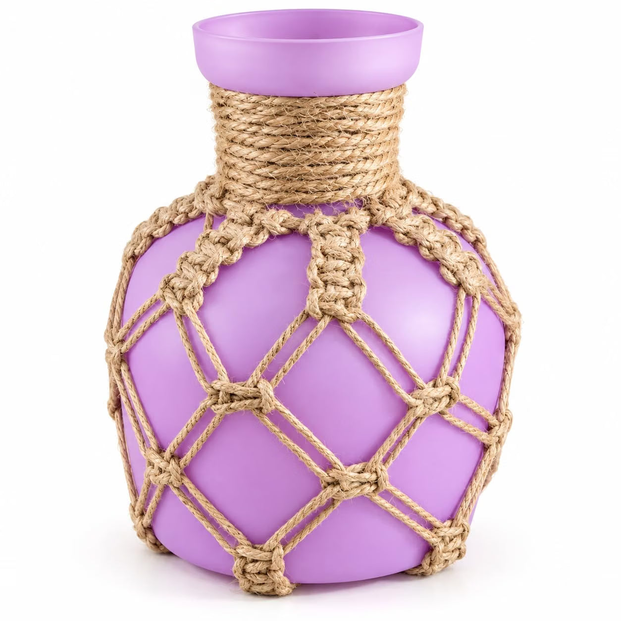 Pure Source India Decorative Purple Flower Vase with Macramé Rope Design | Tabletop Home Décor Vase for Living Room, Dining Table & Office