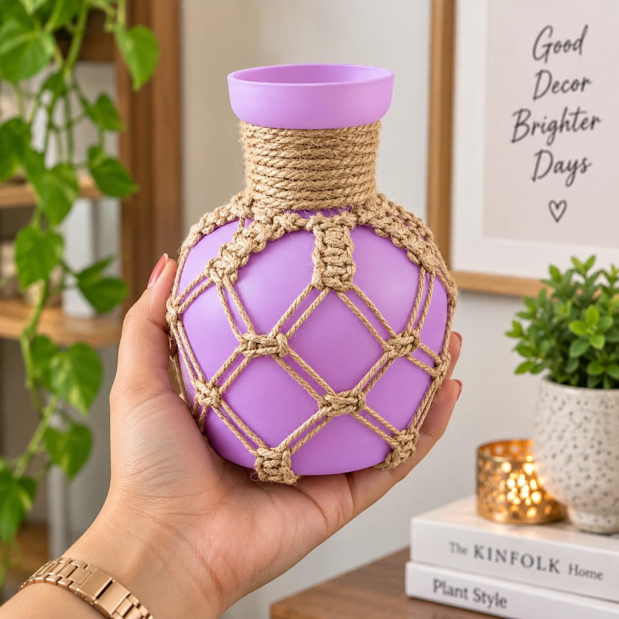 Pure Source India Decorative Purple Flower Vase with Macramé Rope Design | Tabletop Home Décor Vase for Living Room, Dining Table & Office