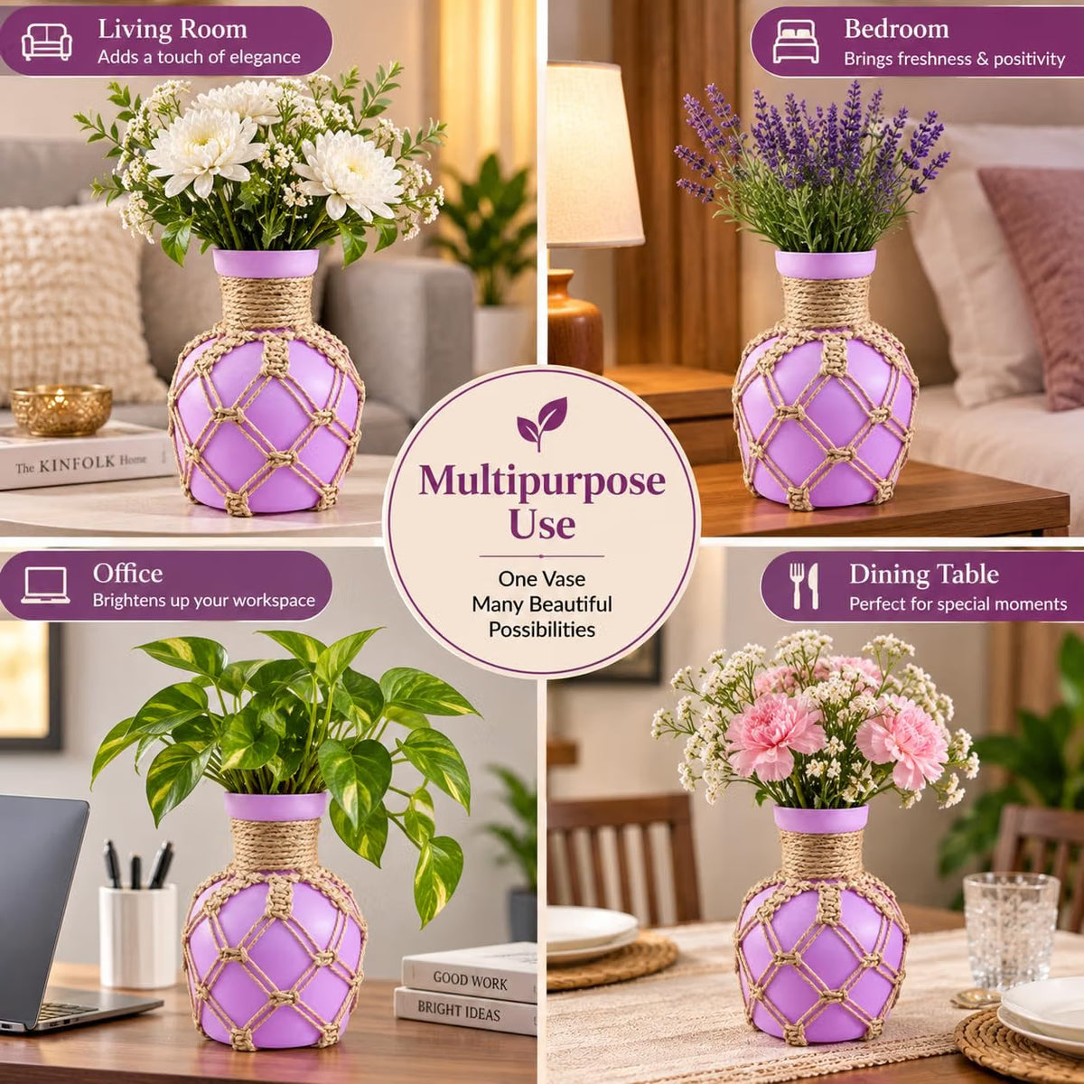 Pure Source India Decorative Purple Flower Vase with Macramé Rope Design | Tabletop Home Décor Vase for Living Room, Dining Table & Office
