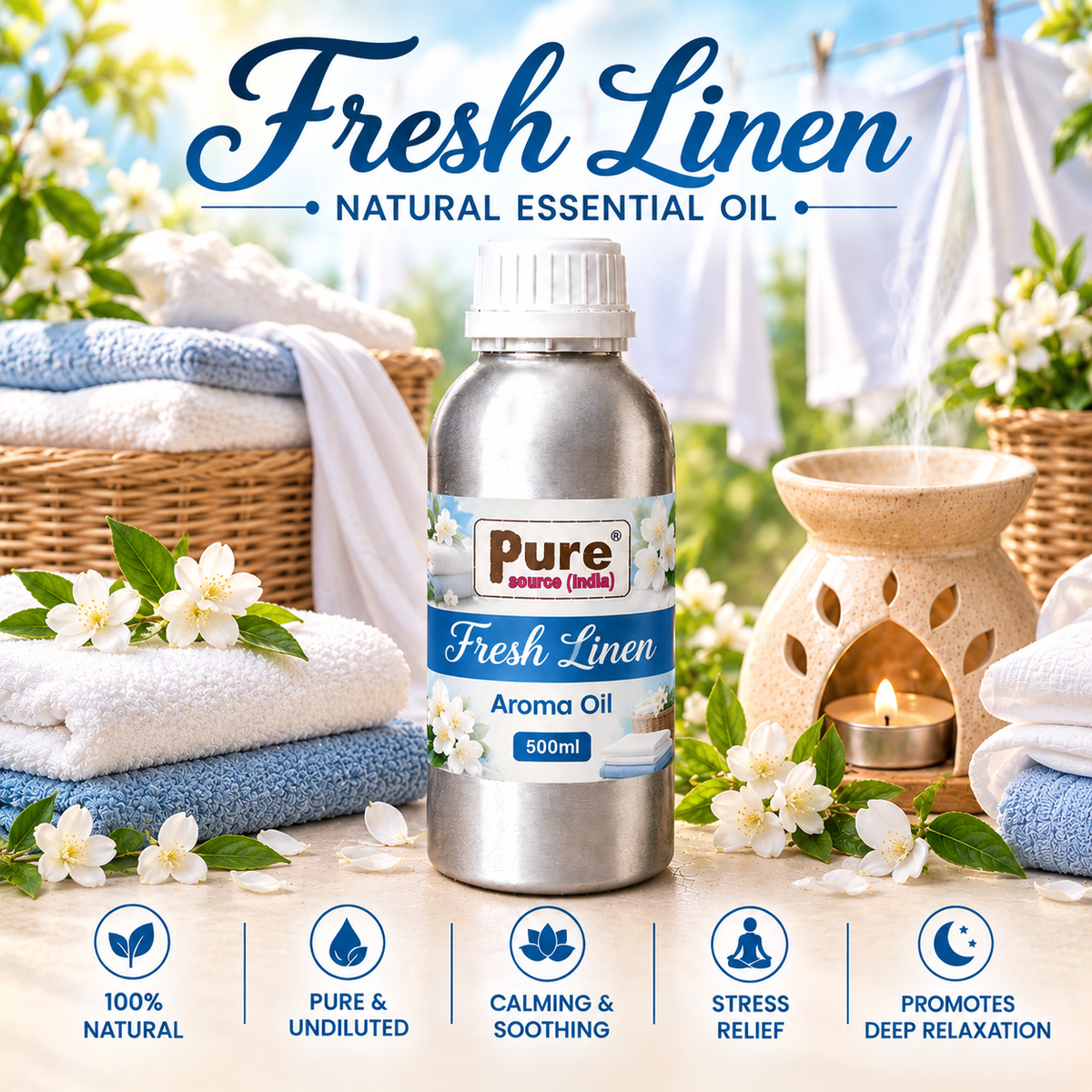 Pure Source India Fresh Linen Aroma Oil | Premium Fragrance Oil for Diffuser, Aromatherapy, Meditation, Candles, Soap Making, Humidifier & Home Air Freshener