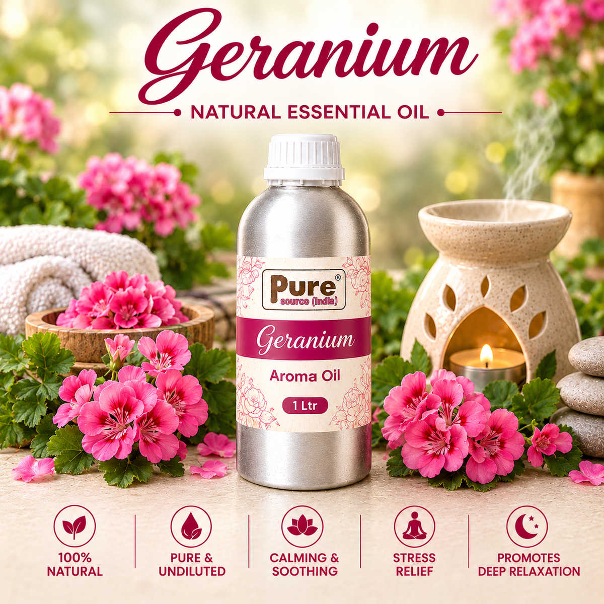 Pure Source India Geranium Aroma Oil | Premium Fragrance Oil for Diffuser, Aromatherapy, Meditation, Candles, Soap Making, Humidifier & Home Air Freshener