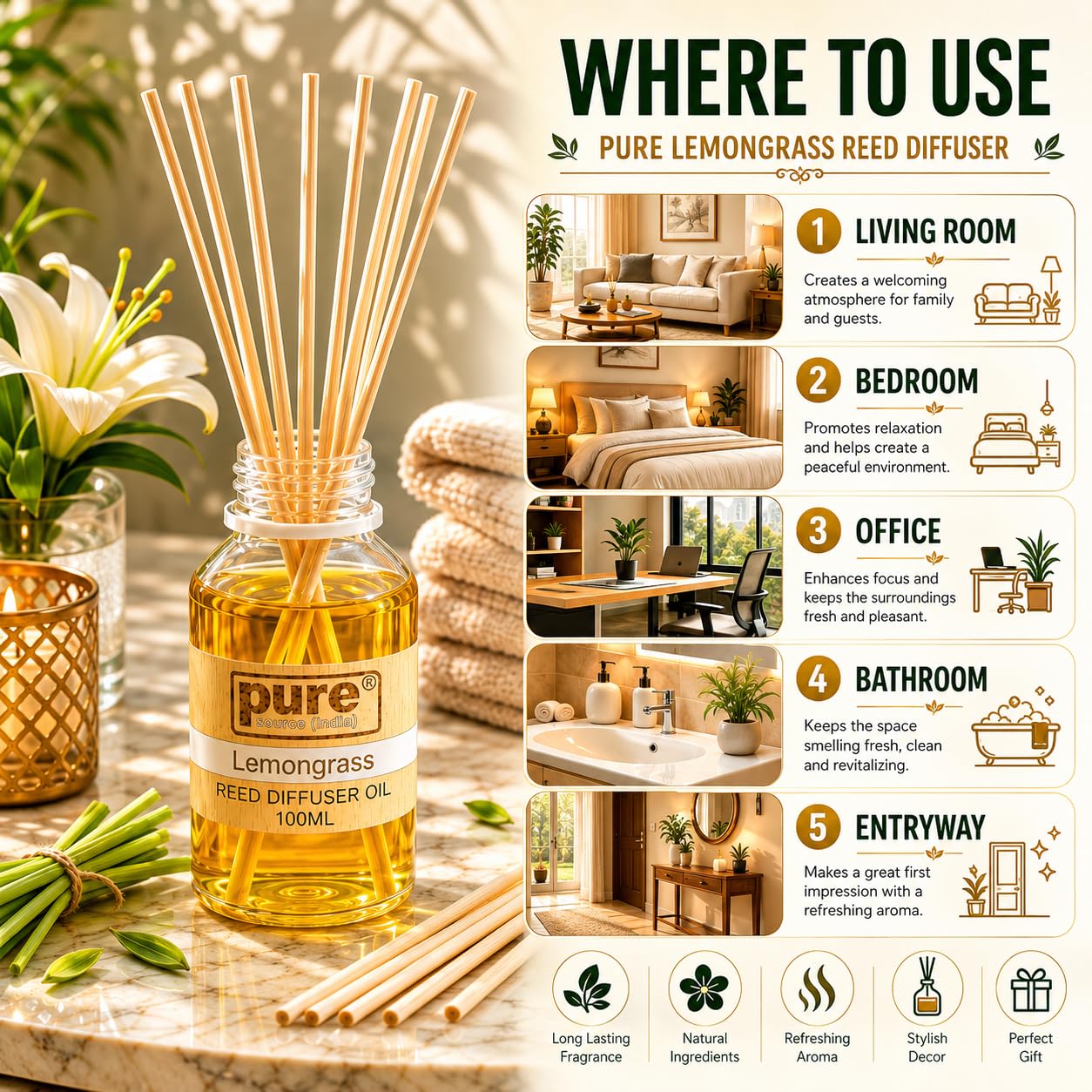 Pure Source India 100ML Lemongrass Aroma Reed Diffuser Refill , 8 Pcs Reed Stick Coming Free With This Reed Diffuser Oil