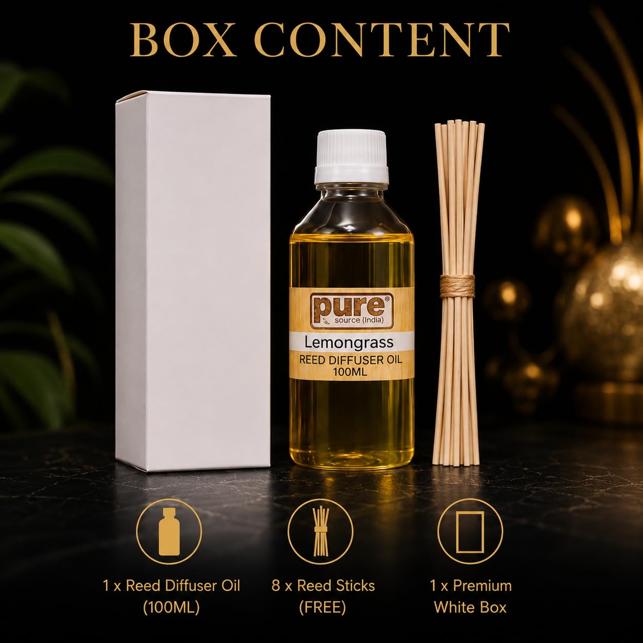 Pure Source India 100ML Lemongrass Aroma Reed Diffuser Refill , 8 Pcs Reed Stick Coming Free With This Reed Diffuser Oil