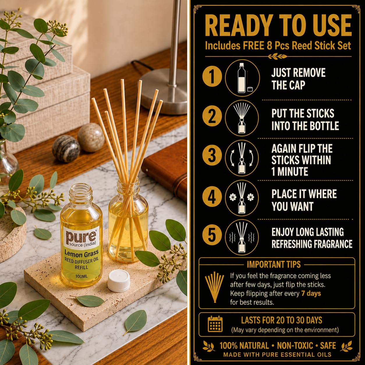 Pure Source India 100ML Lemongrass Aroma Reed Diffuser Refill , 8 Pcs Reed Stick Coming Free With This Reed Diffuser Oil