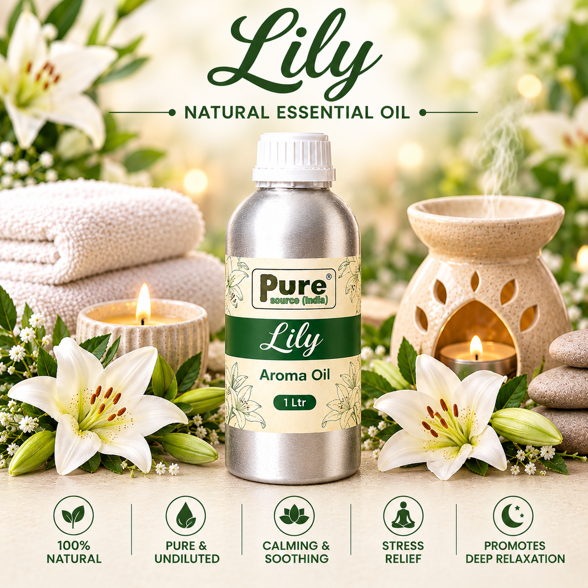 Pure Source India Lily Aroma Oil | Premium Fragrance Oil for Diffuser, Aromatherapy, Meditation, Candles, Soap Making, Humidifier & Home Air Freshener