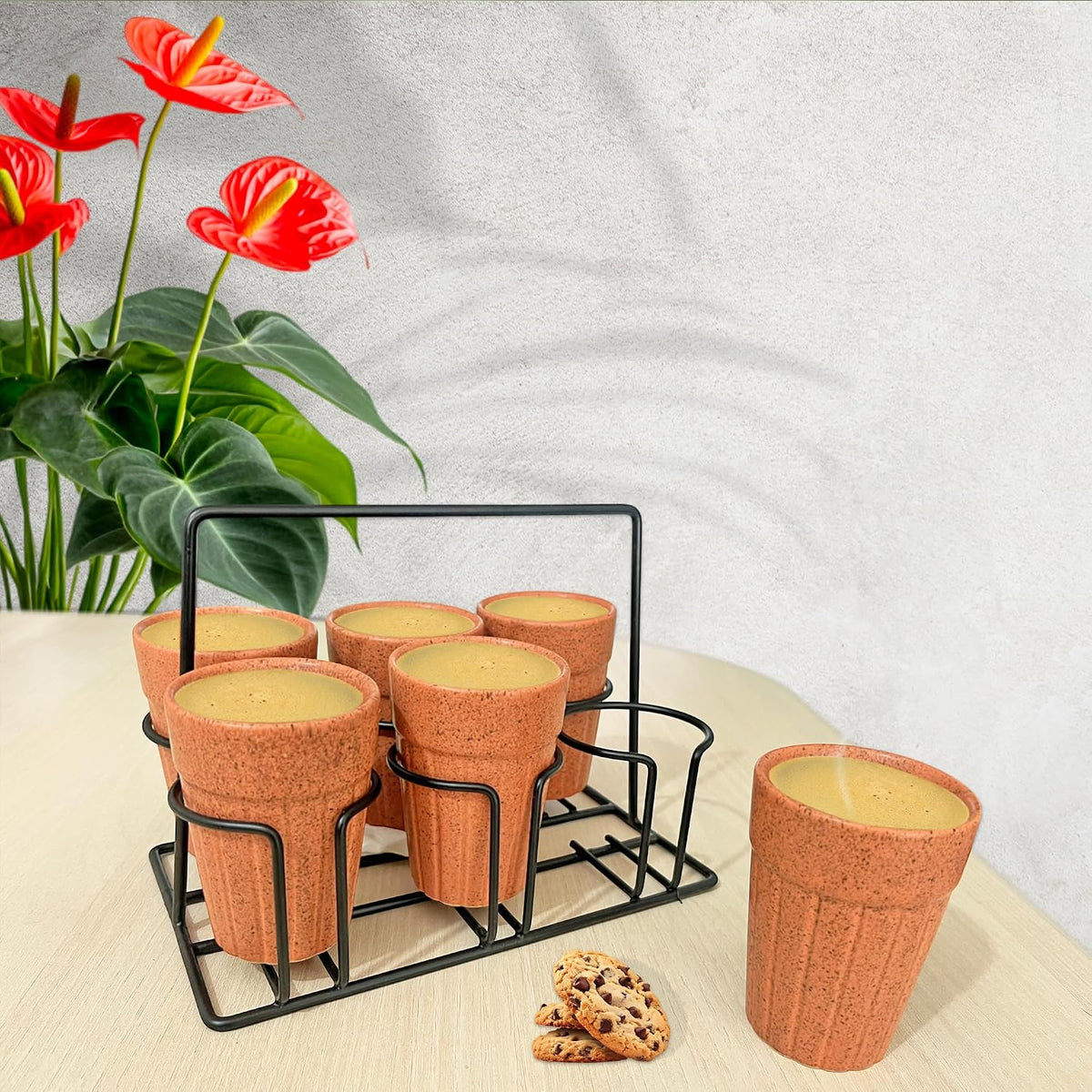 Pure Source India Ceramic Matte Finish Cutting Chai Tea Glasses with Iron Holder, 120ml | Traditional Indian Tea Cups for Home, Kitchen, Café, Restaurant & Dhaba | Tea Serving Set