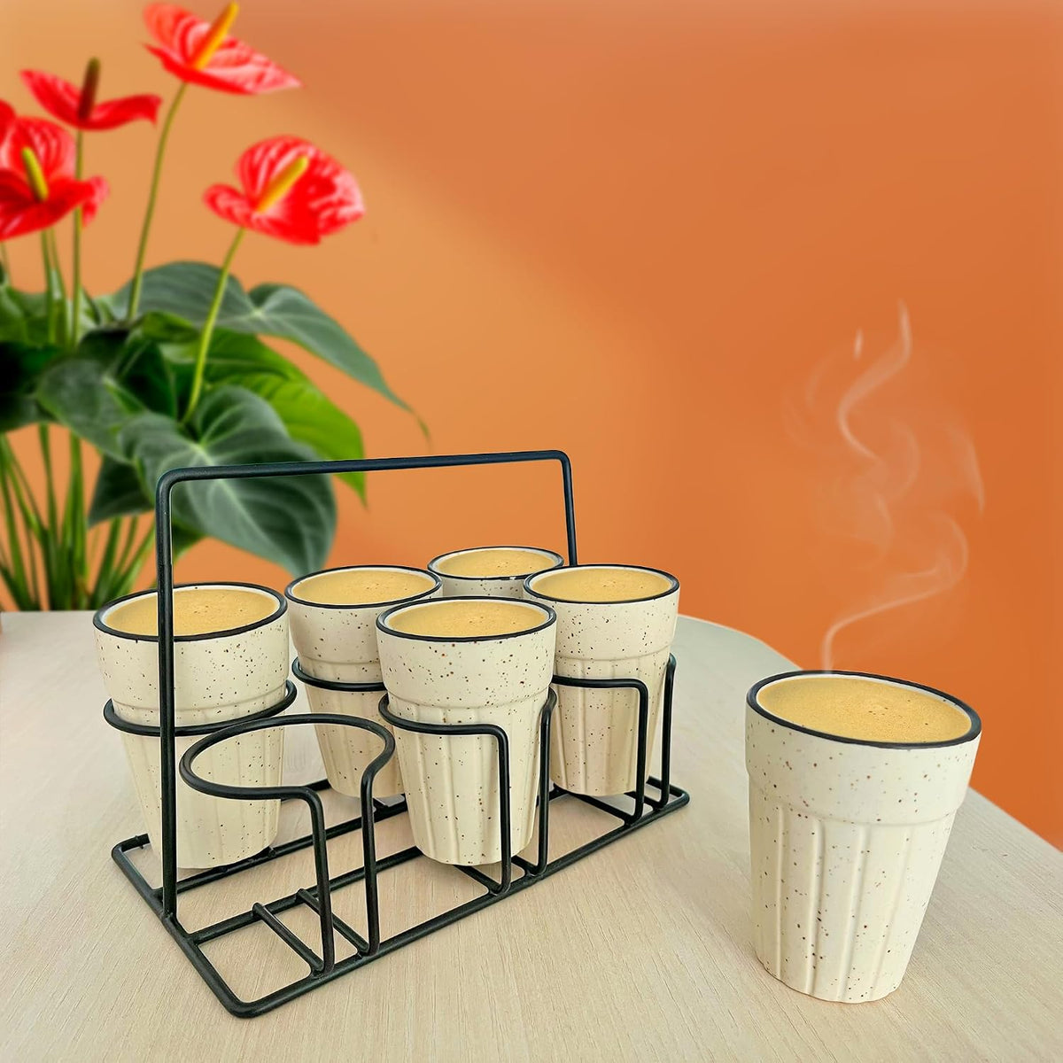 Pure Source India Ceramic Matte Finish Cutting Chai Tea Glasses with Iron Holder, 120ml | Traditional Indian Tea Cups for Home, Kitchen, Café, Restaurant & Dhaba | Tea Serving Set
