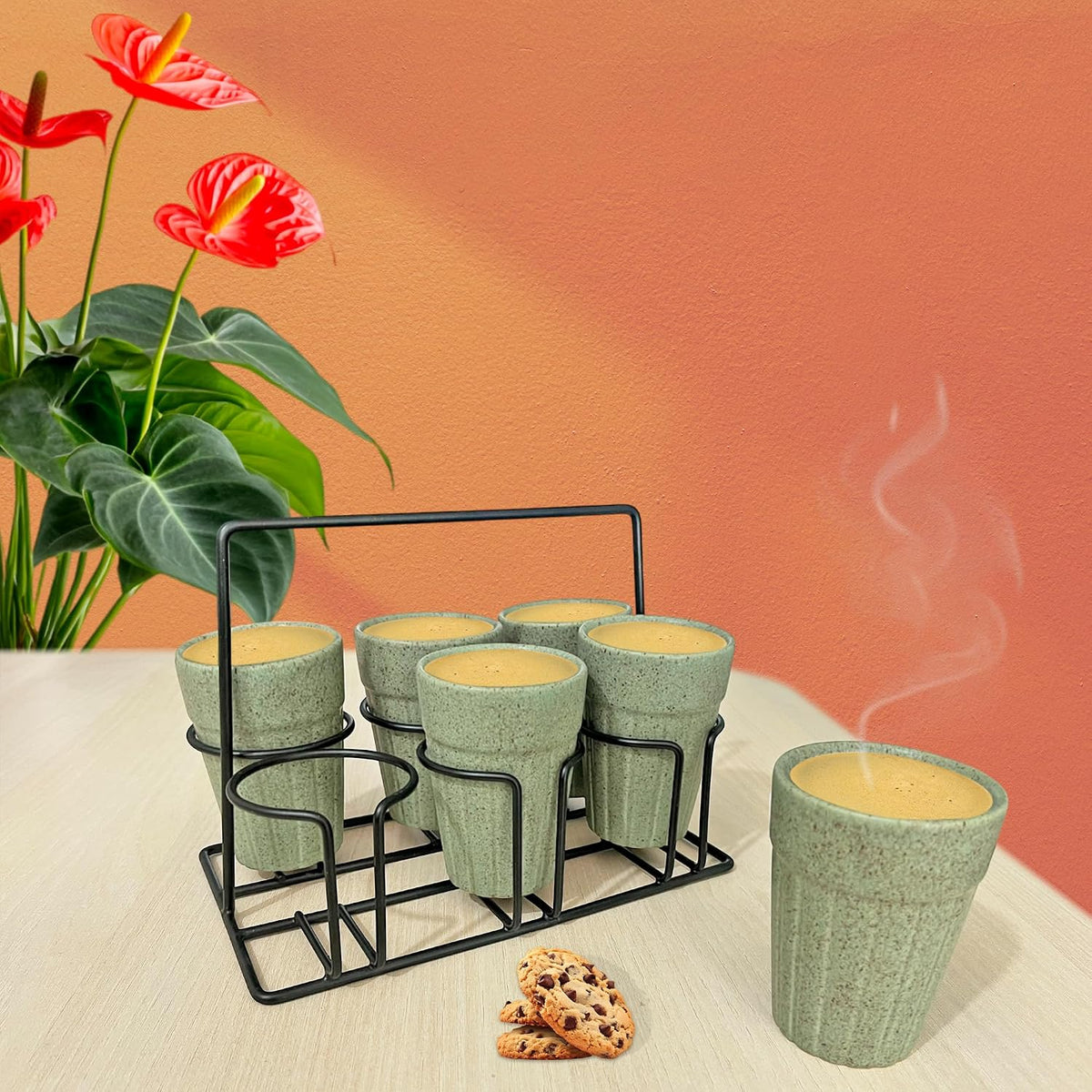Pure Source India Ceramic Matte Finish Cutting Chai Tea Glasses with Iron Holder, 120ml | Traditional Indian Tea Cups for Home, Kitchen, Café, Restaurant & Dhaba | Tea Serving Set