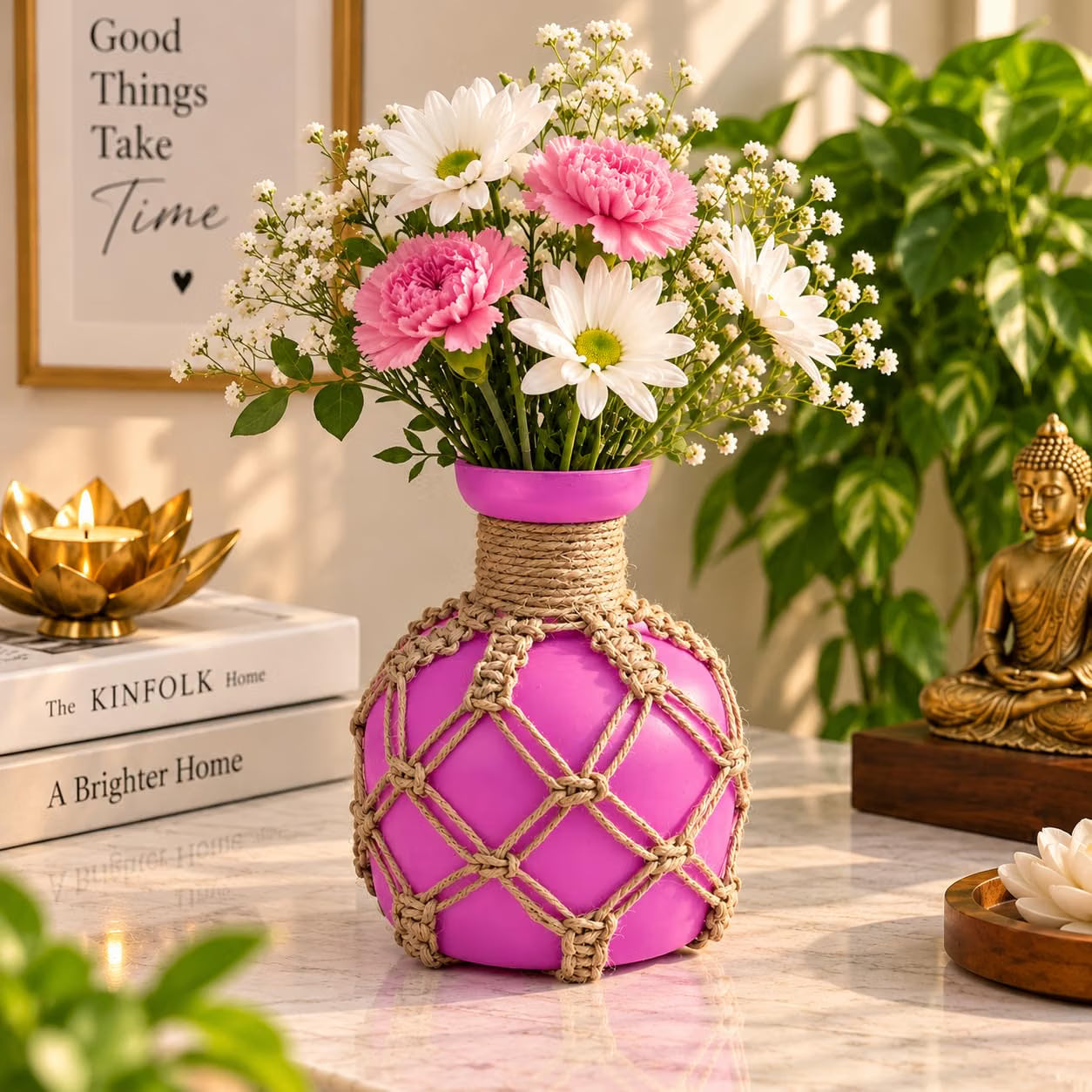Pure Source India Decorative Pink Flower Vase with Macramé Rope Design | Tabletop Home Décor Vase for Living Room, Dining Table & Office