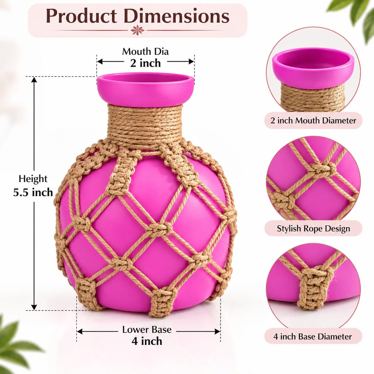 Pure Source India Decorative Pink Flower Vase with Macramé Rope Design | Tabletop Home Décor Vase for Living Room, Dining Table & Office