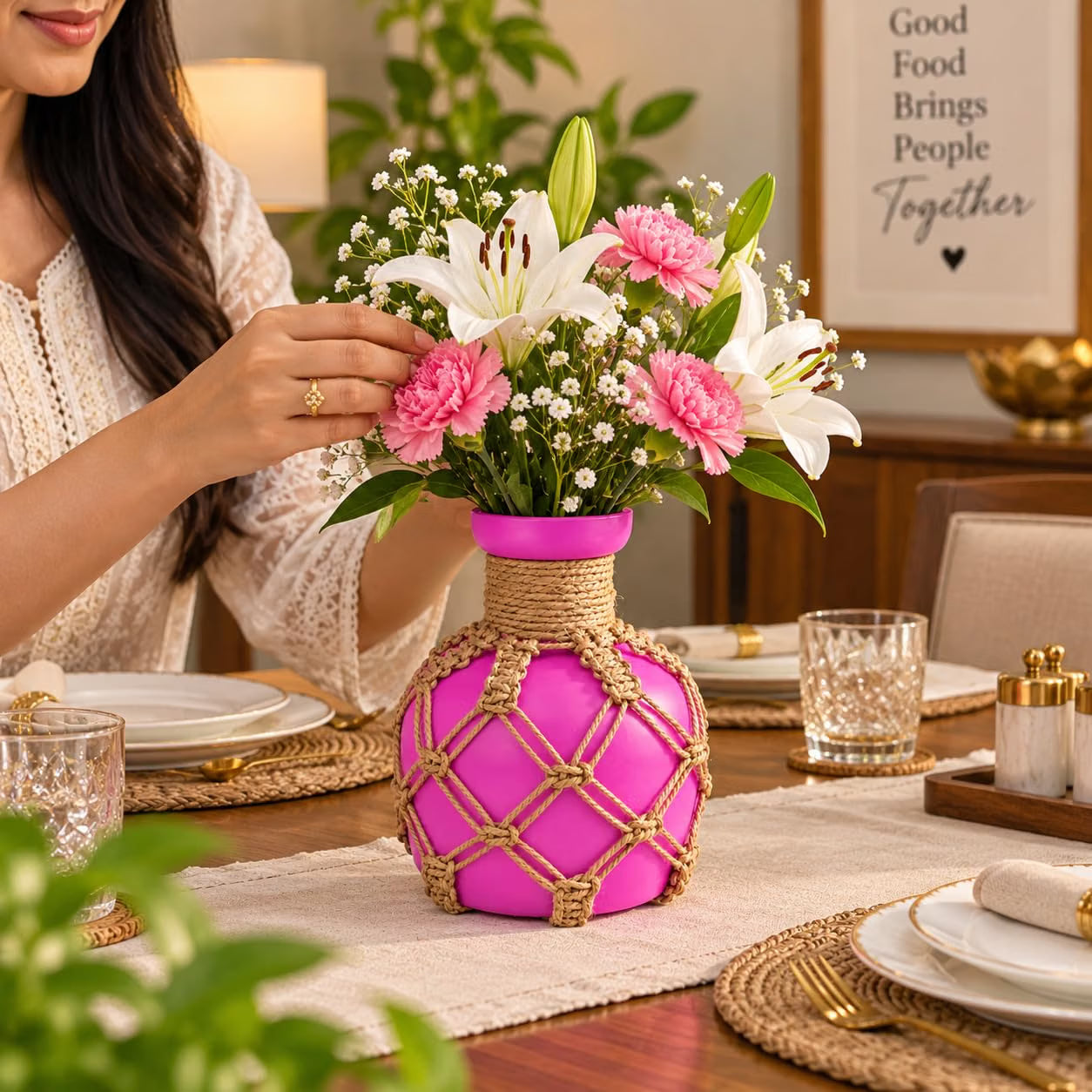 Pure Source India Decorative Pink Flower Vase with Macramé Rope Design | Tabletop Home Décor Vase for Living Room, Dining Table & Office