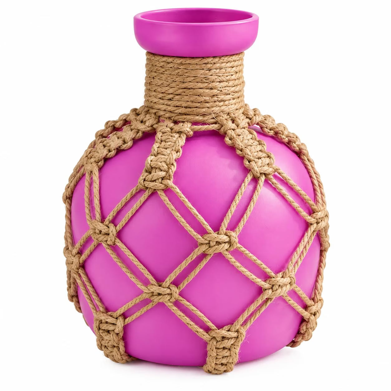 Pure Source India Decorative Pink Flower Vase with Macramé Rope Design | Tabletop Home Décor Vase for Living Room, Dining Table & Office