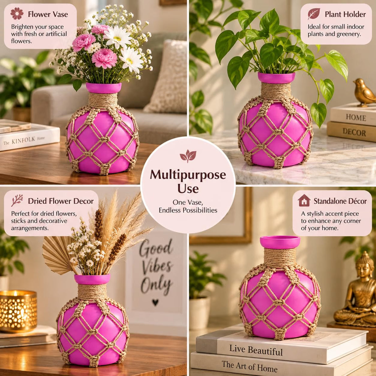 Pure Source India Decorative Pink Flower Vase with Macramé Rope Design | Tabletop Home Décor Vase for Living Room, Dining Table & Office