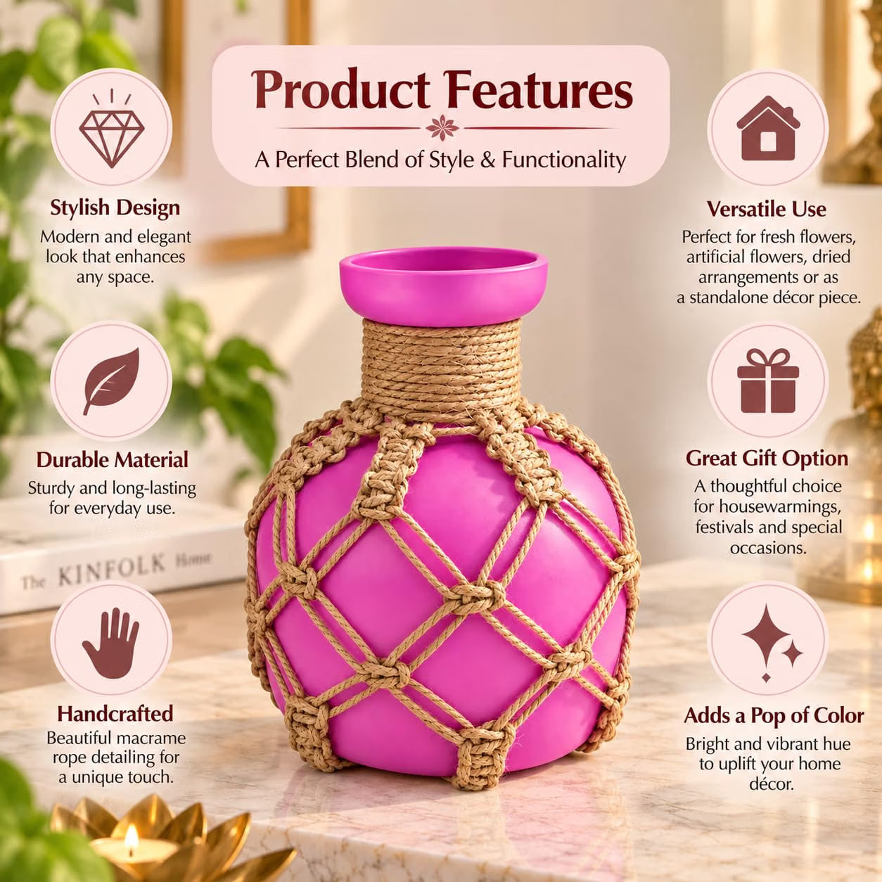 Pure Source India Decorative Pink Flower Vase with Macramé Rope Design | Tabletop Home Décor Vase for Living Room, Dining Table & Office