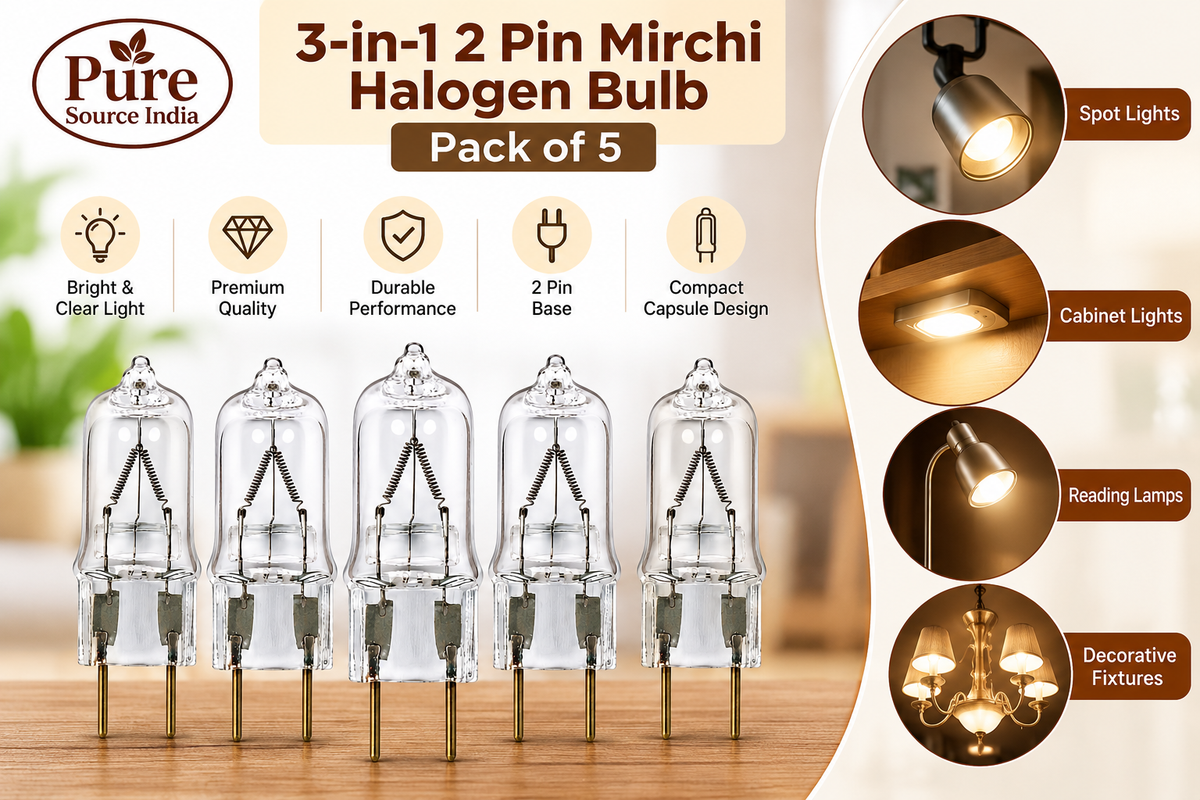 Pure Source India 3-in-1 2 Pin Mirchi Halogen Bulb – Capsule Halogen Lamp, Clear Glass, Pack of 5