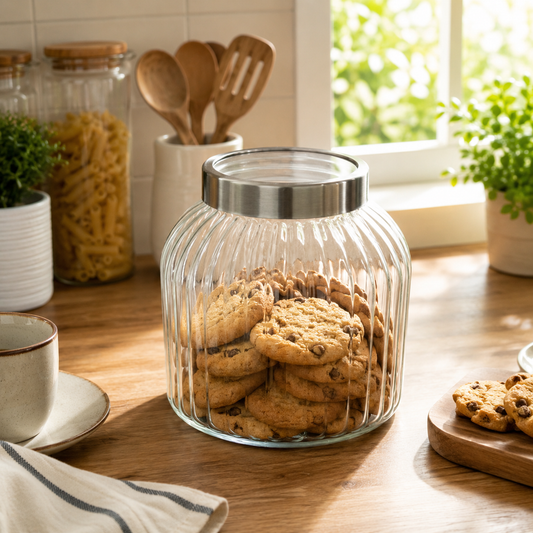 Pure Source India 7.5 Litre Ribbed Glass Storage Jar with Stainless Steel Lid | Airtight Food Grade Glass Canister | Kitchen Pantry Container for Cookies, Cereals, Rice, Flour, Pasta, Dry Fruits & Snacks