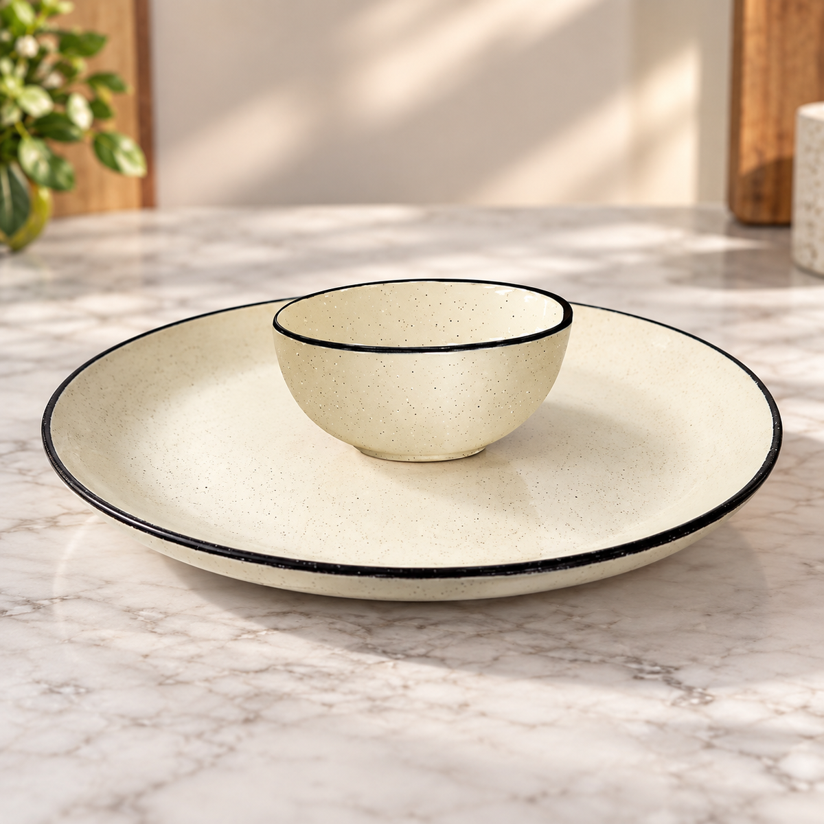 Pure Source India 10 Inch Plate & 200 ml Bowl Speckled Ceramic Chip & Dip Serving Platter with Bowl