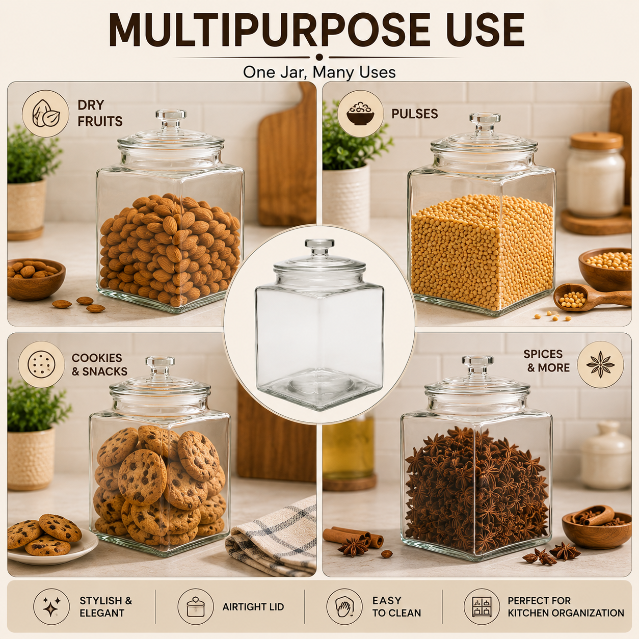 Pure Source India Square Shape 3L Glass Jar with Airtight Glass Lid For Pickle, Dry Fruit, Home Kitchen, Pantry Tea & Spice etc