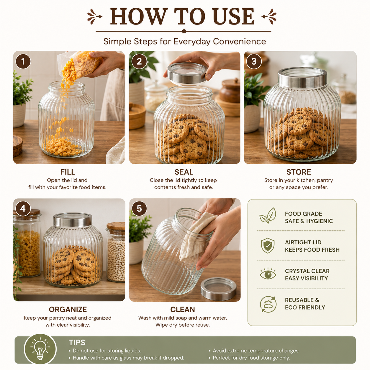 Pure Source India 7.5 Litre Ribbed Glass Storage Jar with Stainless Steel Lid | Airtight Food Grade Glass Canister | Kitchen Pantry Container for Cookies, Cereals, Rice, Flour, Pasta, Dry Fruits & Snacks