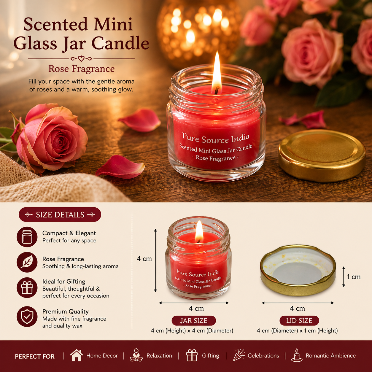 Pure Source India 20 Gram Set of 12 pcs Scented Mini Glass Jar Candle with Rose Fragrance