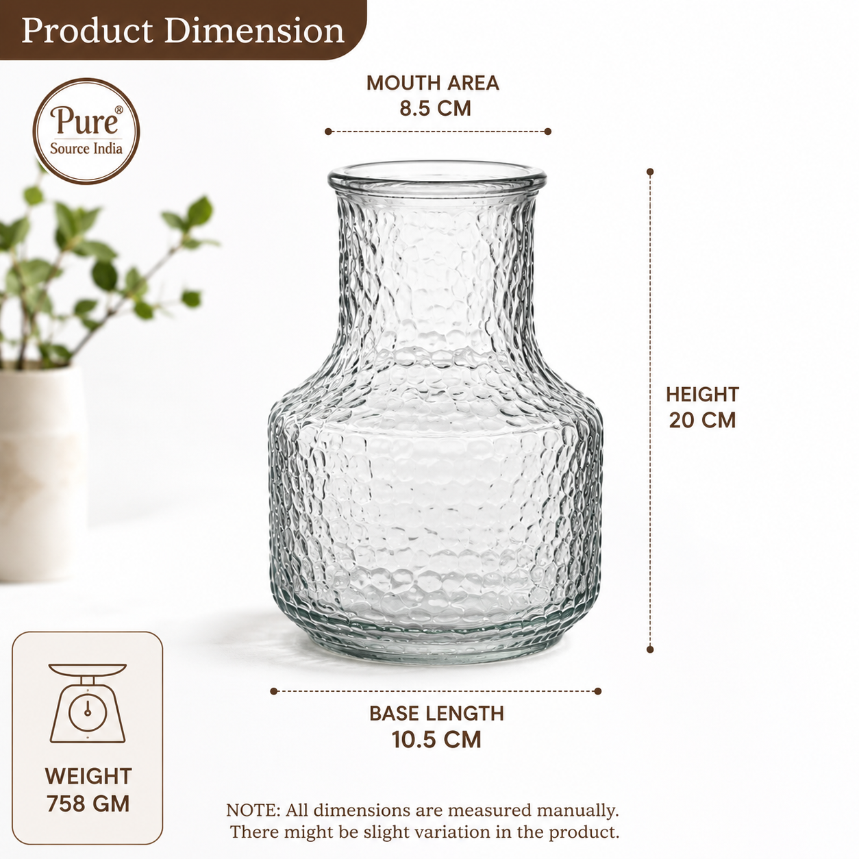 Pure Source India Modern 8 Inch Glass Flower Vase – Hammered Texture Decorative Tabletop Vase for Flowers & Home Decor