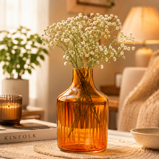 Pure Source India Amber Glass Flower Vase – 9 Inch Decorative Ribbed Bottle Vase for Home Decor, Modern Centerpiece for Living Room, Dining Table & Office