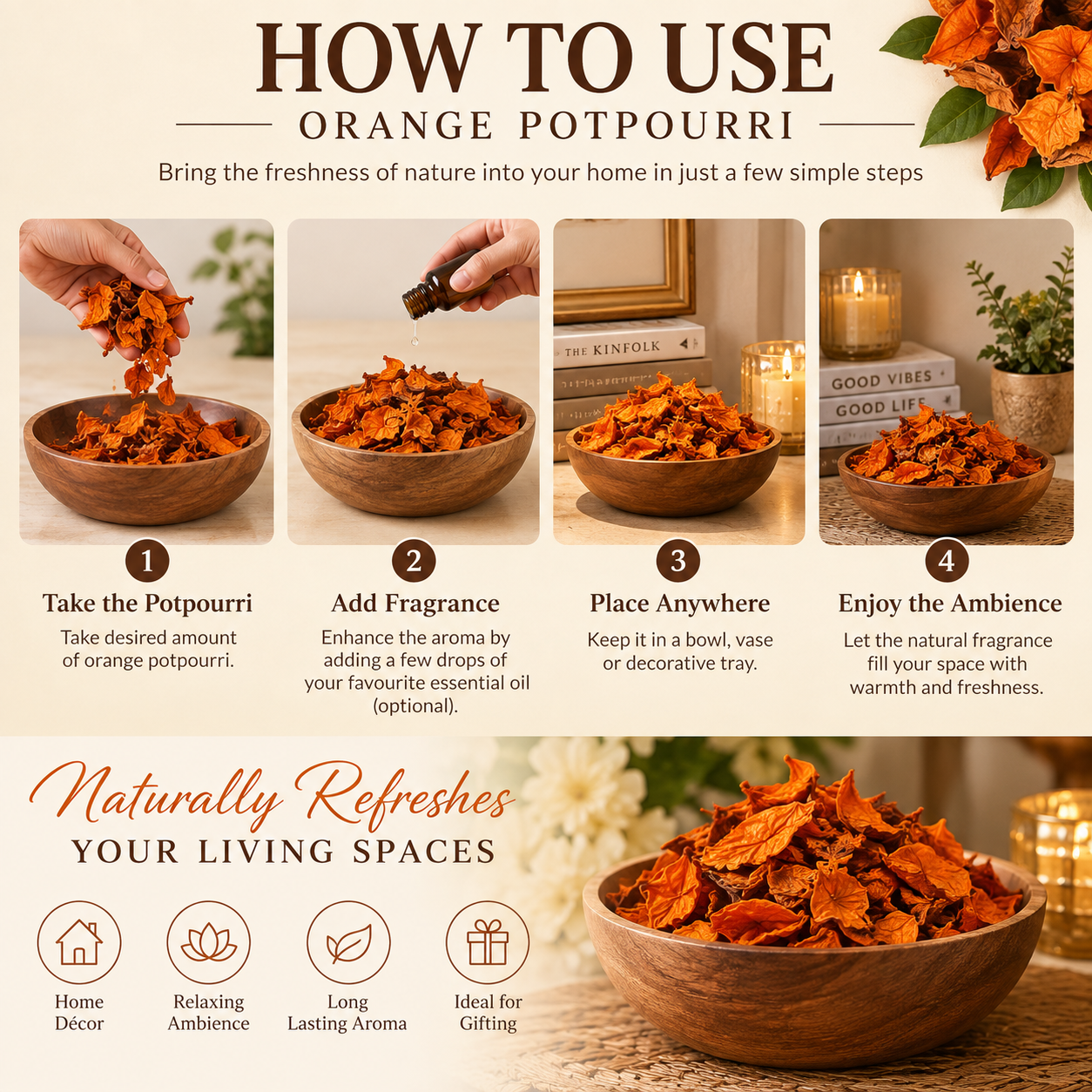 Pure Source India Orange Unscented Potpourri – Natural Dried Flower for Home Décor, Wedding Table Styling, DIY Crafts & Essential Oil Blending