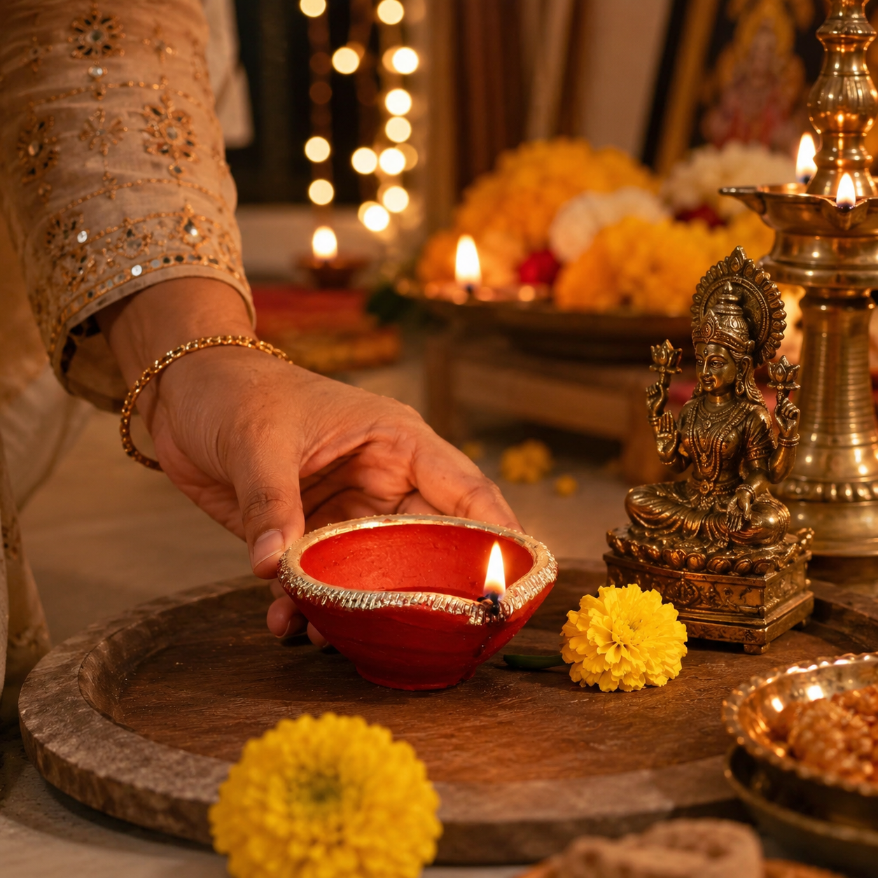 Pure Source India Traditional Handmade Earthen Clay Big Size Diya for Laxmi Pooja Multi Colour