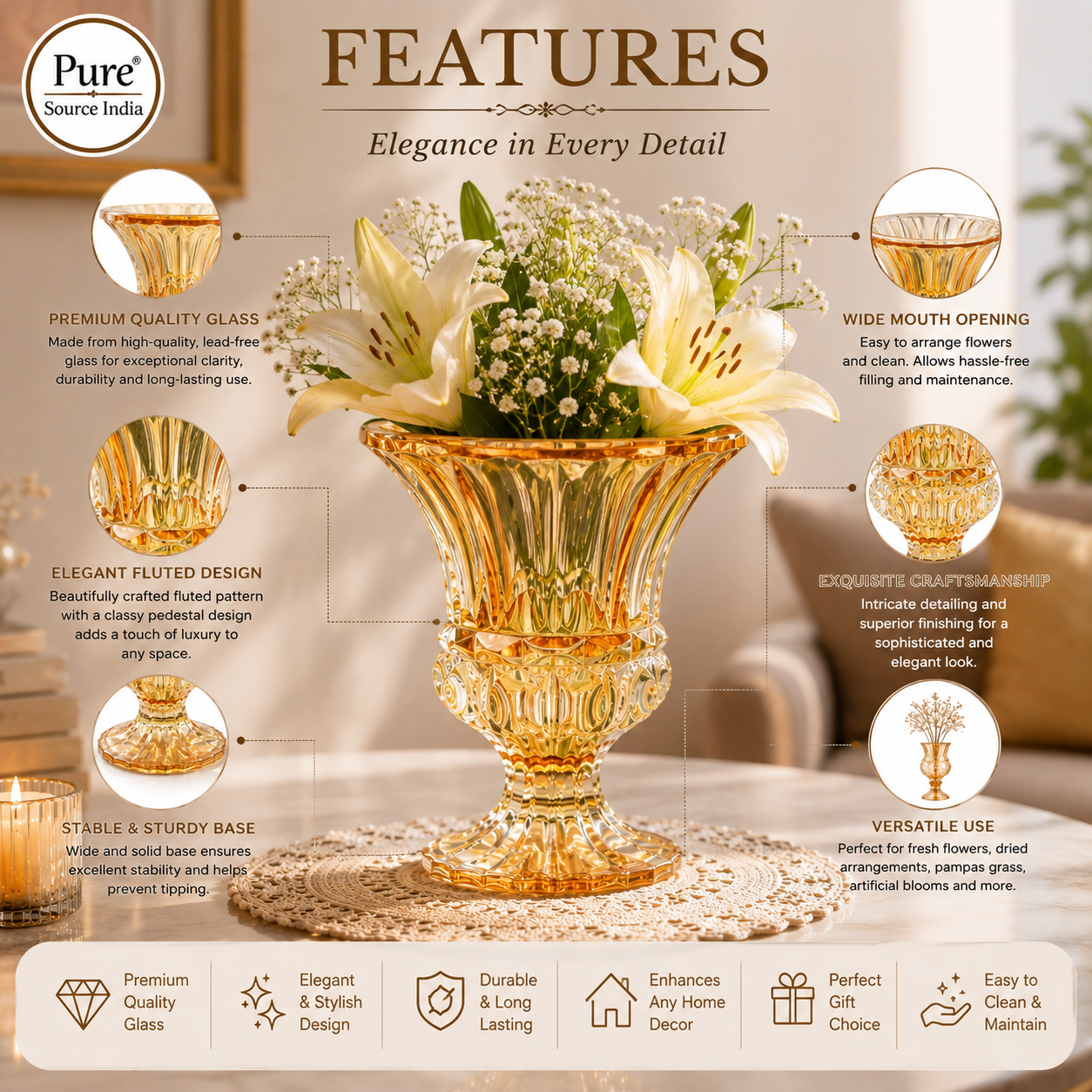 Pure Source India Vintage Amber Glass Vase Decorative Pedestal Vase Floral Centerpiece for Home & Events (6.5 Inch Flared Top)