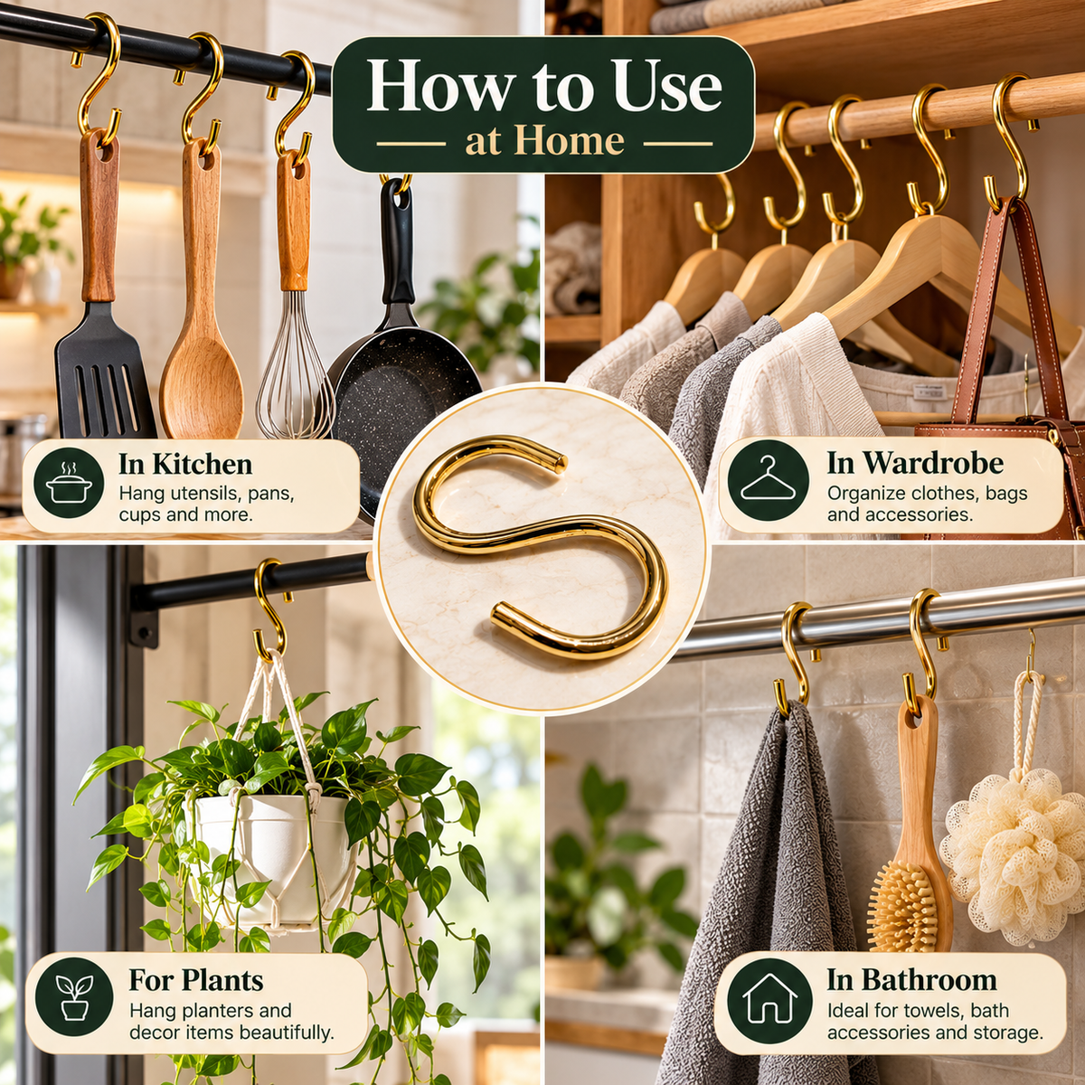 Pure Source India Golden Brass S  Hook for Home Decor, Hanging Accessories, Kitchen, Bathroom & Organizing(Light Weight)