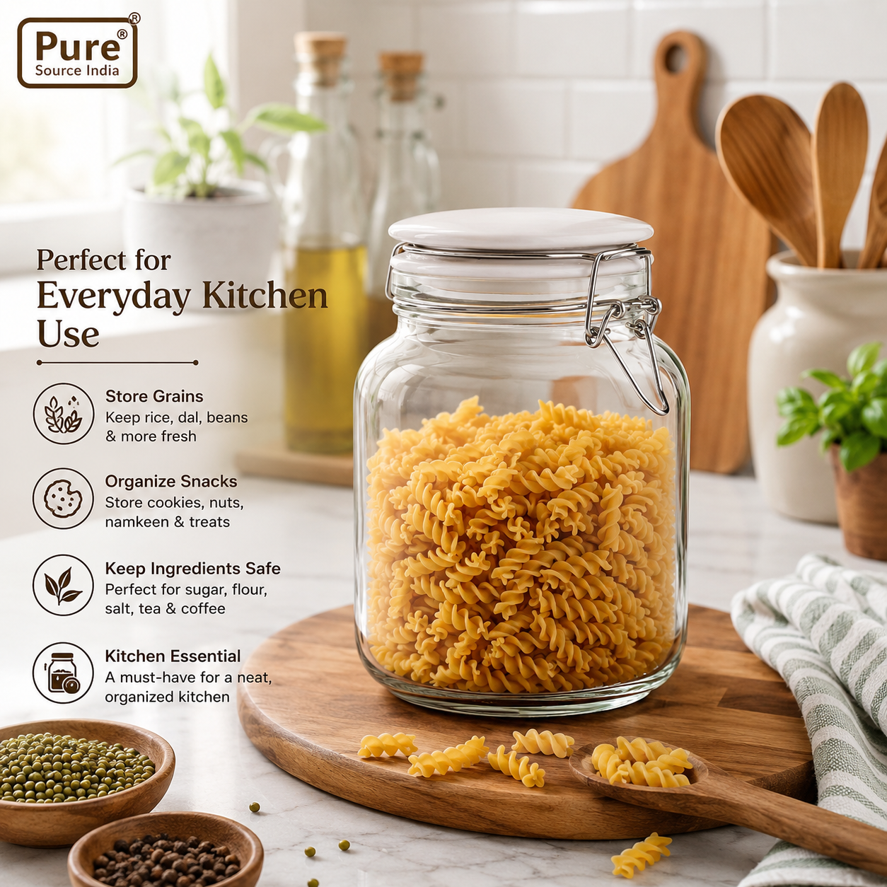 Pure Source India Glass Jar 1.5 LTR, Air Tight Jar With Stainless Steel Clamp Lid & Silicone Seal Kitchen Storage Jar with Air Tight Seal for Rice Pasta Pickling Food (White Rim)