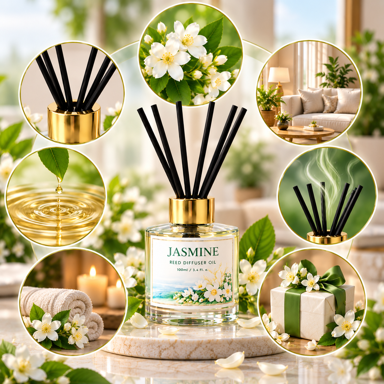 Pure Source India Jasmine Reed Diffuser Oil Set 100ml With  6 Rattan Reed Sticks – Premium Aromatherapy Home Fragrance with Glass Bottle |Air Freshener for Home, Bedroom & Office | Ideal for Gifting