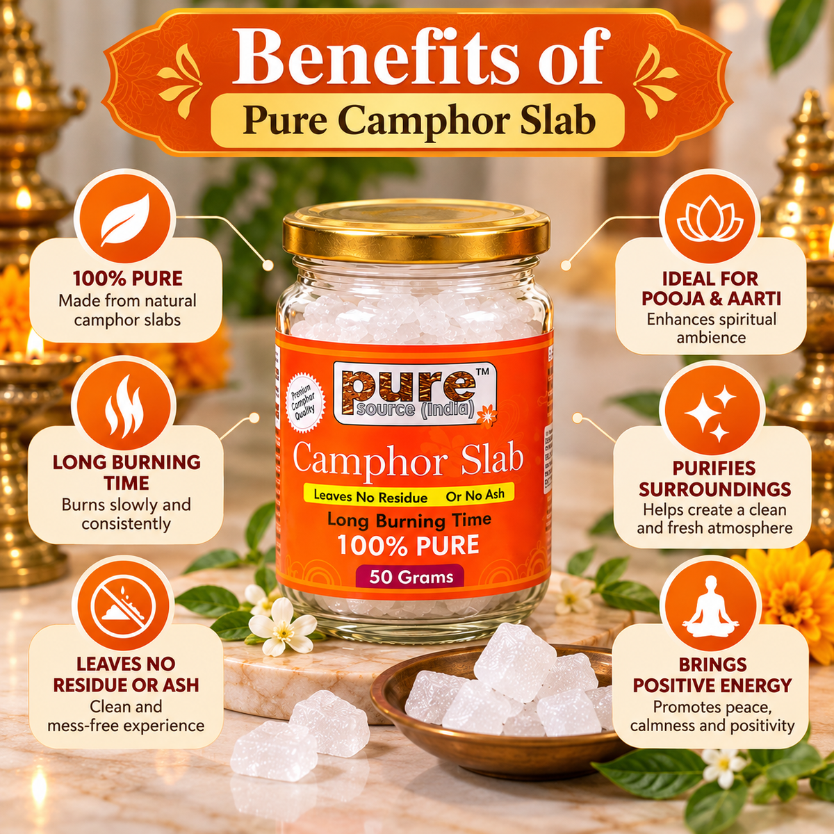 Pure Source India 100% Pure Natural Camphor Slab 50g | Long Burning Camphor for Pooja, Aarti & Home Fragrance