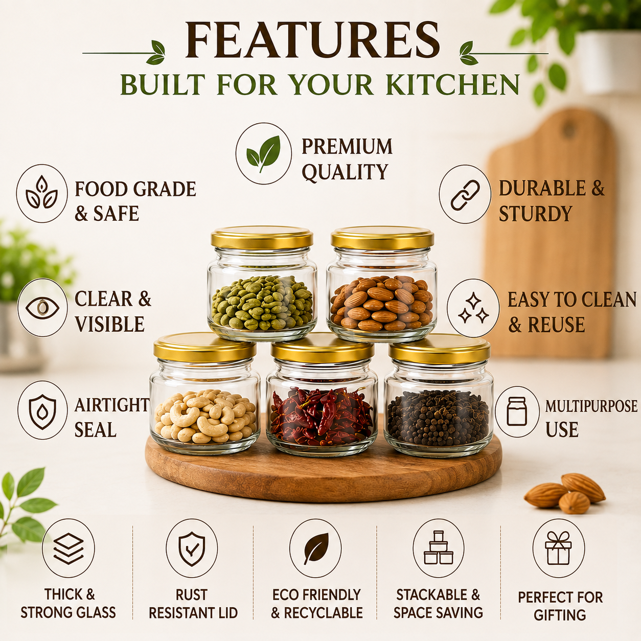 Pure Source India 150Gm Round Glass Container with Airtight and Rust-free Metal Lid - Led Free and Food Safe Jar
