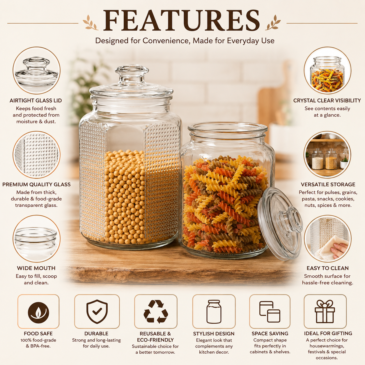 Pure Source India 2 Ltr Glass Jar Container With Air Tight Lid, Capacity  Suitable Dry Fruits, Snacks, Pulses, Beans Clear