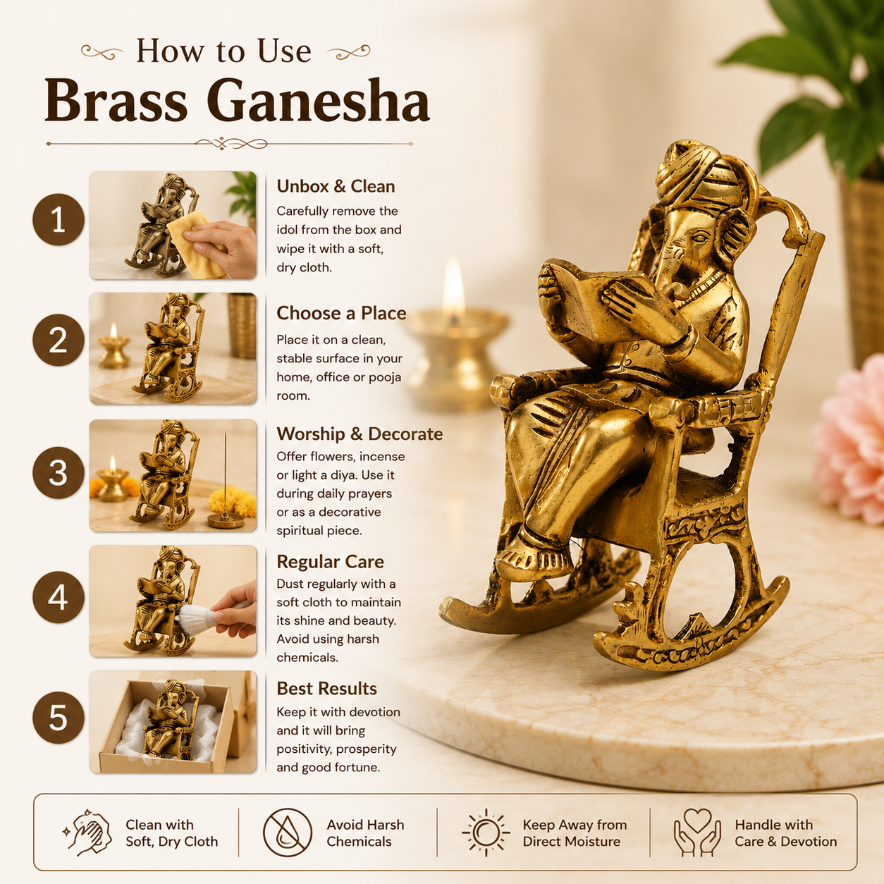 Pure Source India Pure Brass Lord Ganesh Statue (6 Inch) Sitting on Chair Idol for Home Office and Gifts Decor (1172 gm)