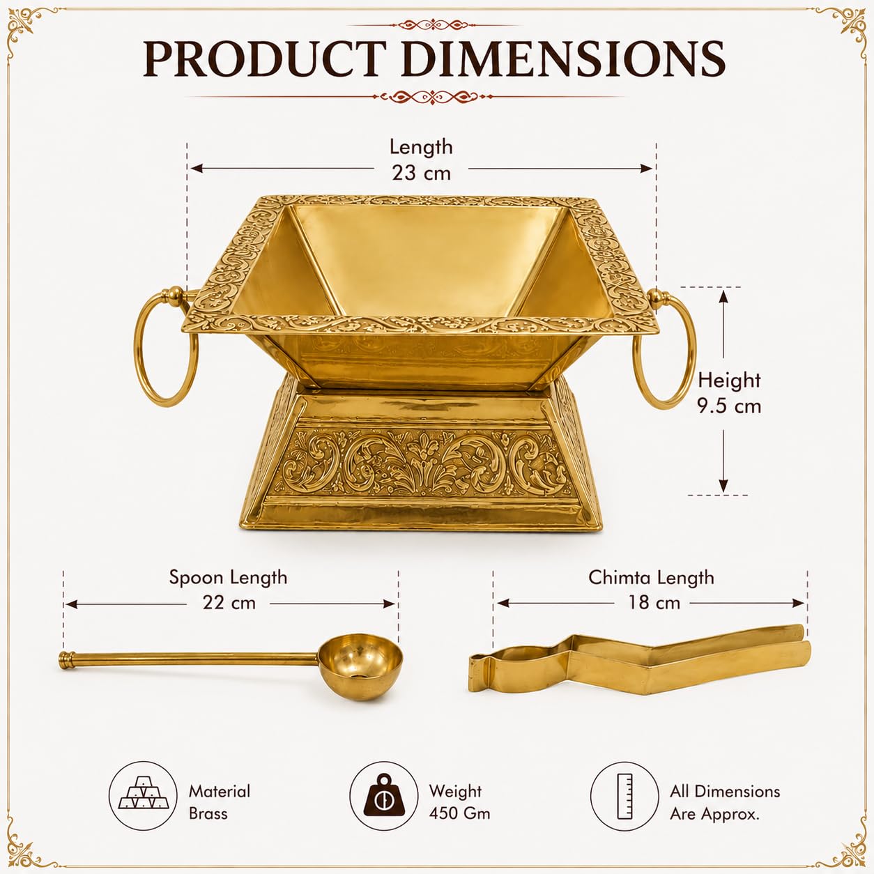 Pure Source India Brass 9 Inch/23 cm Hawan Kund Set with Spoon & Chimta/Tong, for Home Pooja, Yagya Kund for Hawan, Weeding, Home & Vastu Rituals, Handcrafted Brass Fire Pit