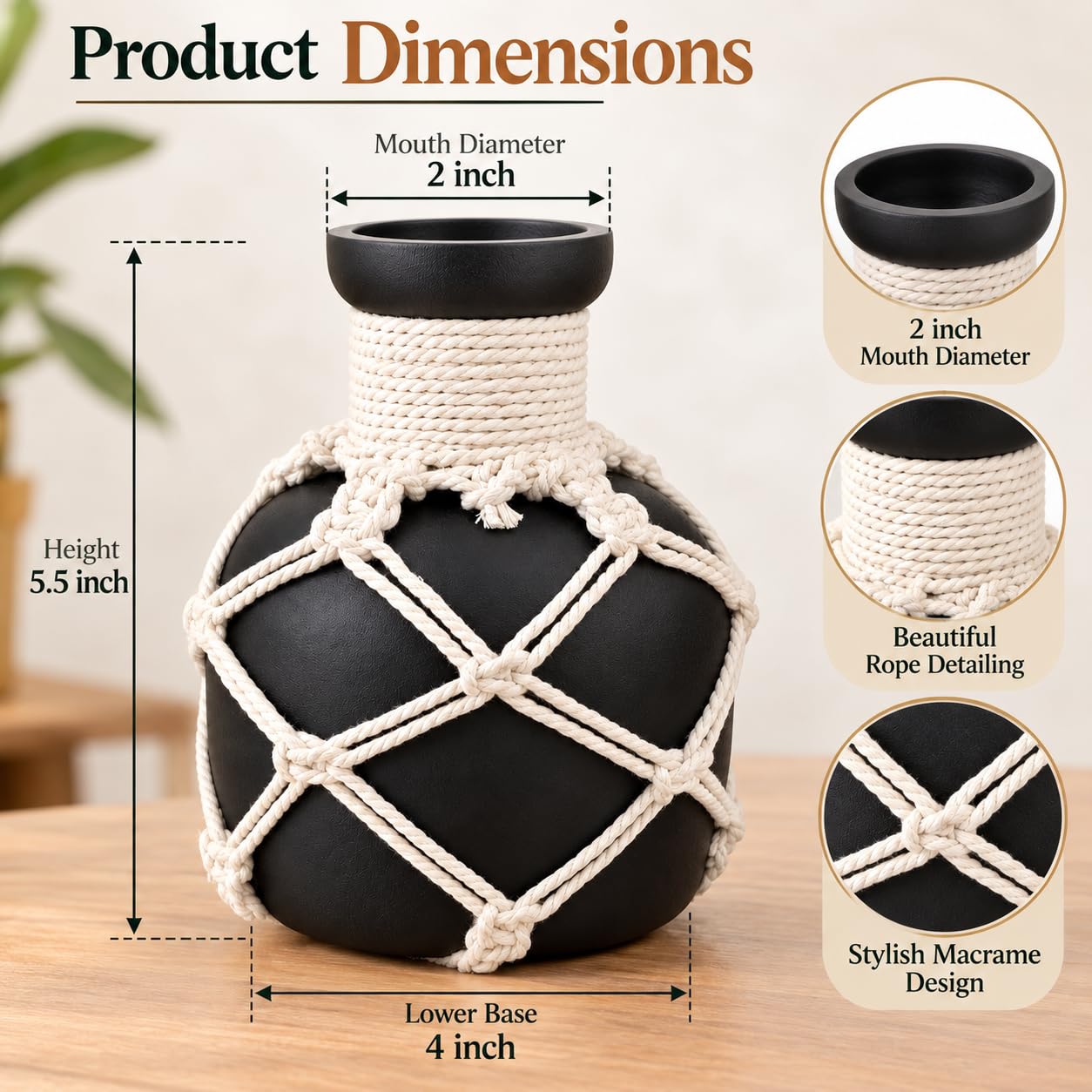 Pure Source India Decorative Black Flower Vase with Macramé Rope Design | Tabletop Home Décor Vase for Living Room, Dining Table & Office