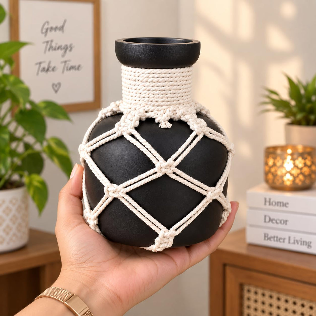 Pure Source India Decorative Black Flower Vase with Macramé Rope Design | Tabletop Home Décor Vase for Living Room, Dining Table & Office
