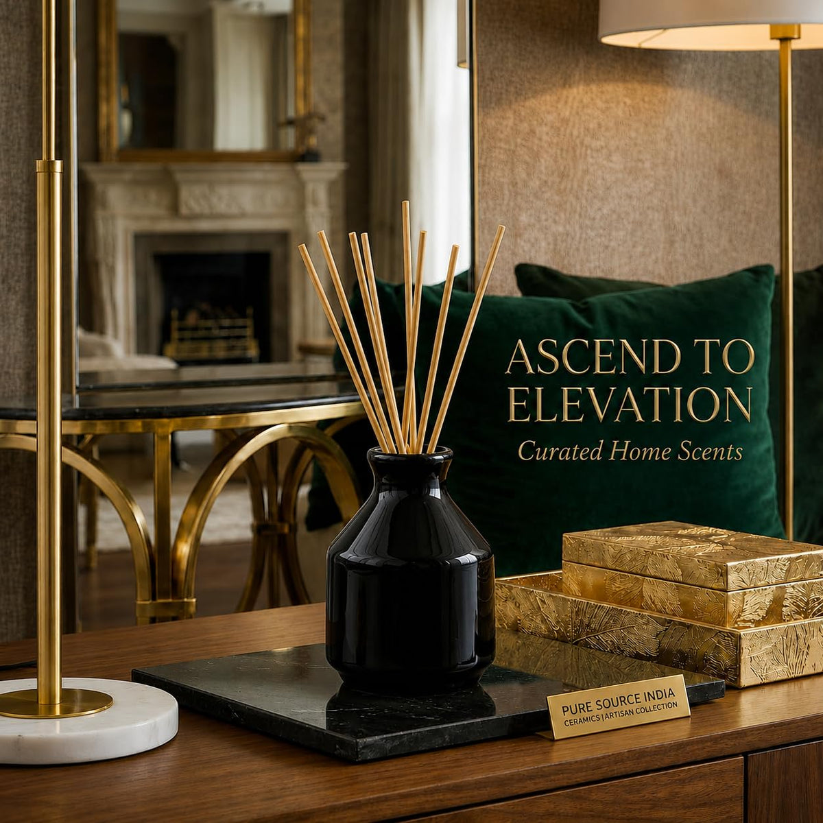 Pure Source India Elegant Ceramic Reed Diffuser Pot (Black) – Decorative Aroma Diffuser Vase for Living Rooms, bedrooms, bathrooms, Offices, and entryways (Black)