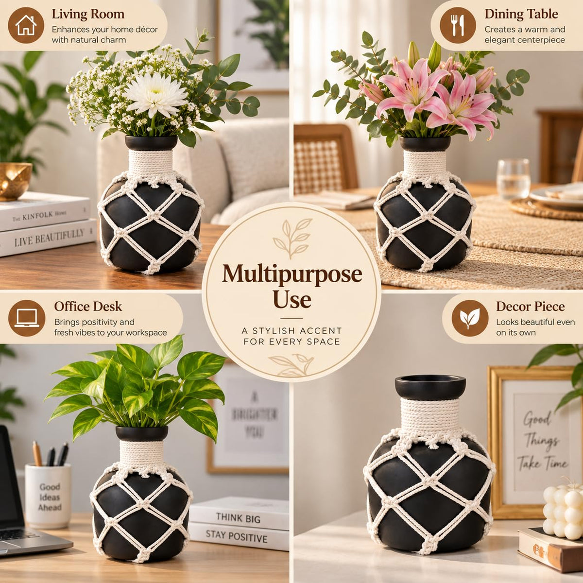 Pure Source India Decorative Black Flower Vase with Macramé Rope Design | Tabletop Home Décor Vase for Living Room, Dining Table & Office