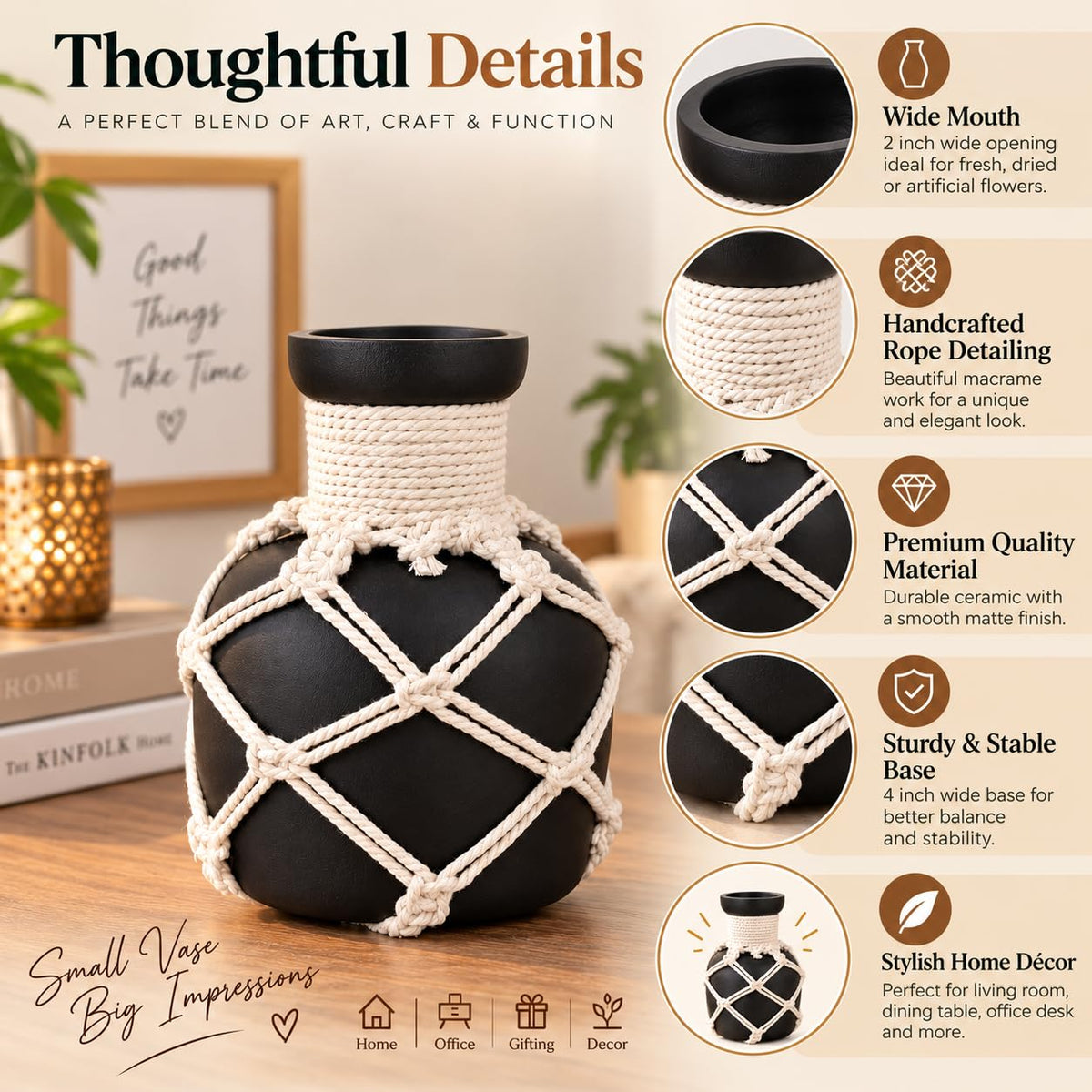 Pure Source India Decorative Black Flower Vase with Macramé Rope Design | Tabletop Home Décor Vase for Living Room, Dining Table & Office