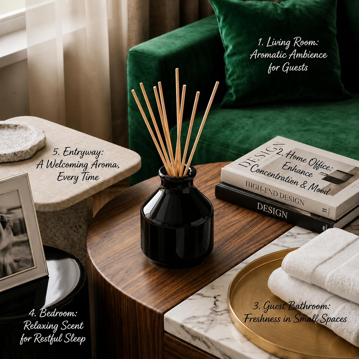 Pure Source India Elegant Ceramic Reed Diffuser Pot (Black) – Decorative Aroma Diffuser Vase for Living Rooms, bedrooms, bathrooms, Offices, and entryways (Black)