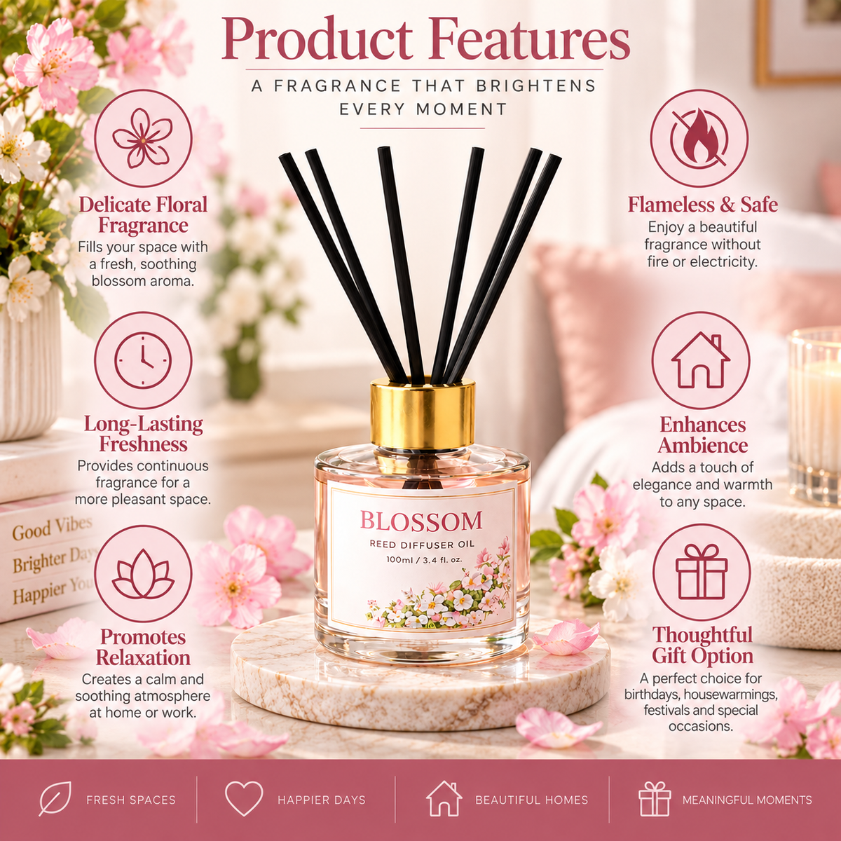 Pure Source India Blossom Reed Diffuser Oil Set 100ml With  6 Rattan Reed Sticks – Premium Aromatherapy Home Fragrance with Glass Bottle |Air Freshener for Home, Bedroom & Office | Ideal for Gifting