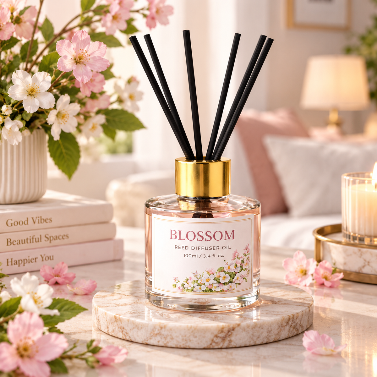 Pure Source India Blossom Reed Diffuser Oil Set 100ml With  6 Rattan Reed Sticks – Premium Aromatherapy Home Fragrance with Glass Bottle |Air Freshener for Home, Bedroom & Office | Ideal for Gifting